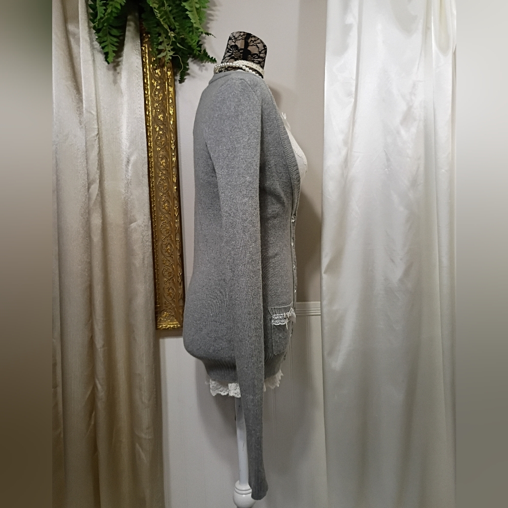 ♡ Y2K ♡ Hollister Grey Rabbit Hair Blingy Button Babydoll Cardigan Sweater - Picture 5 of 10